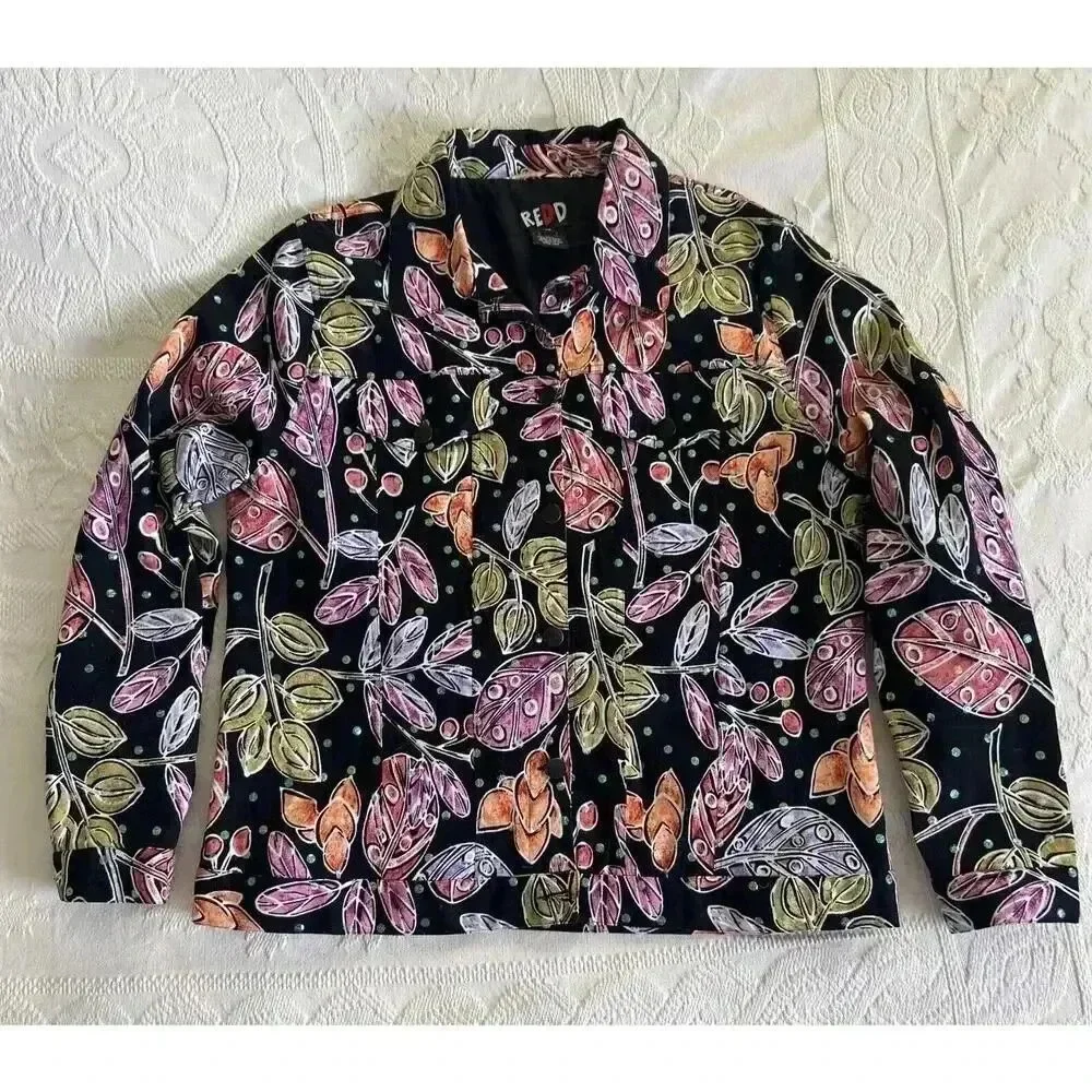 Vintage Sequin 90s Jacket Floral Black Denim Stretch Cotton REDD Jeans Size 12